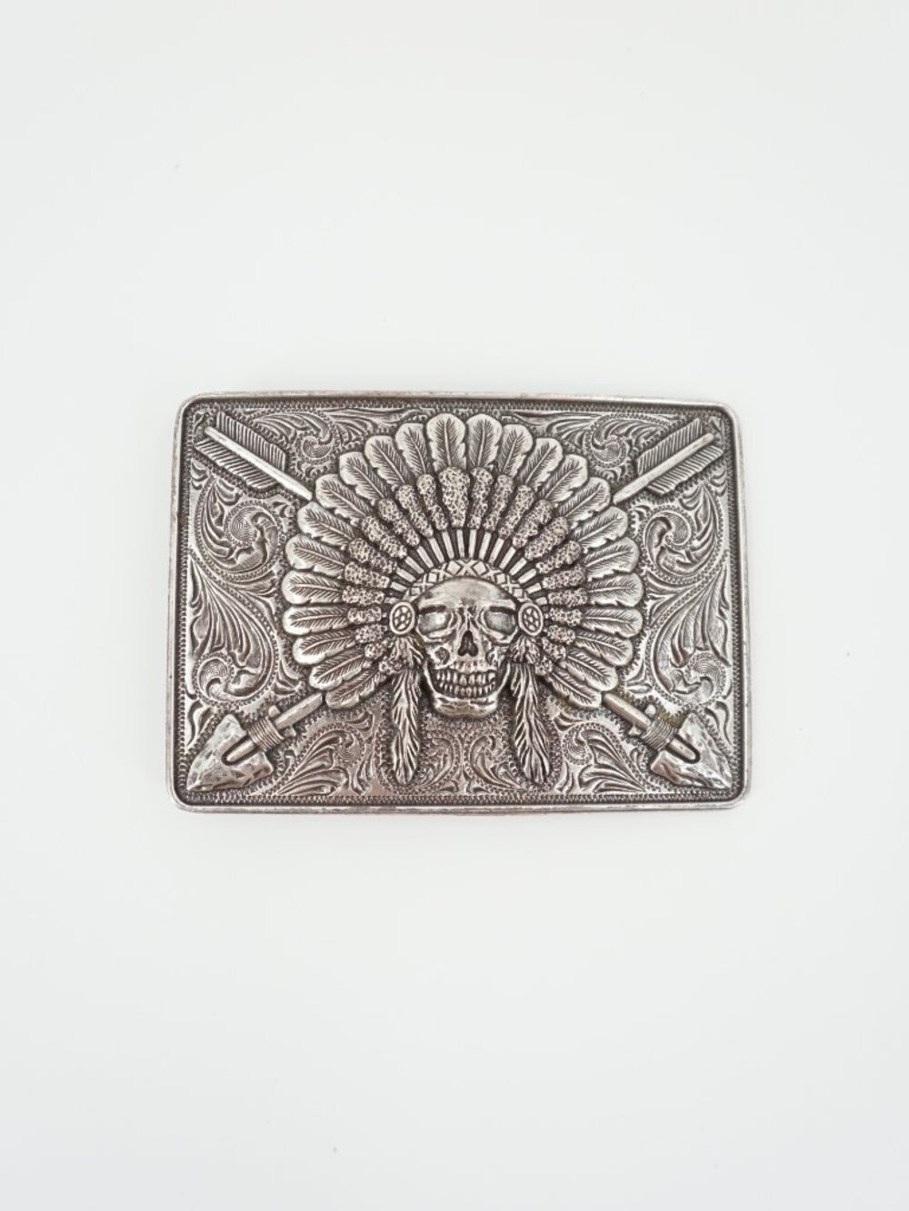 Ariat Western Mens Rectangle Belt Buckle Chief Skull Arrowheads Silver A37009